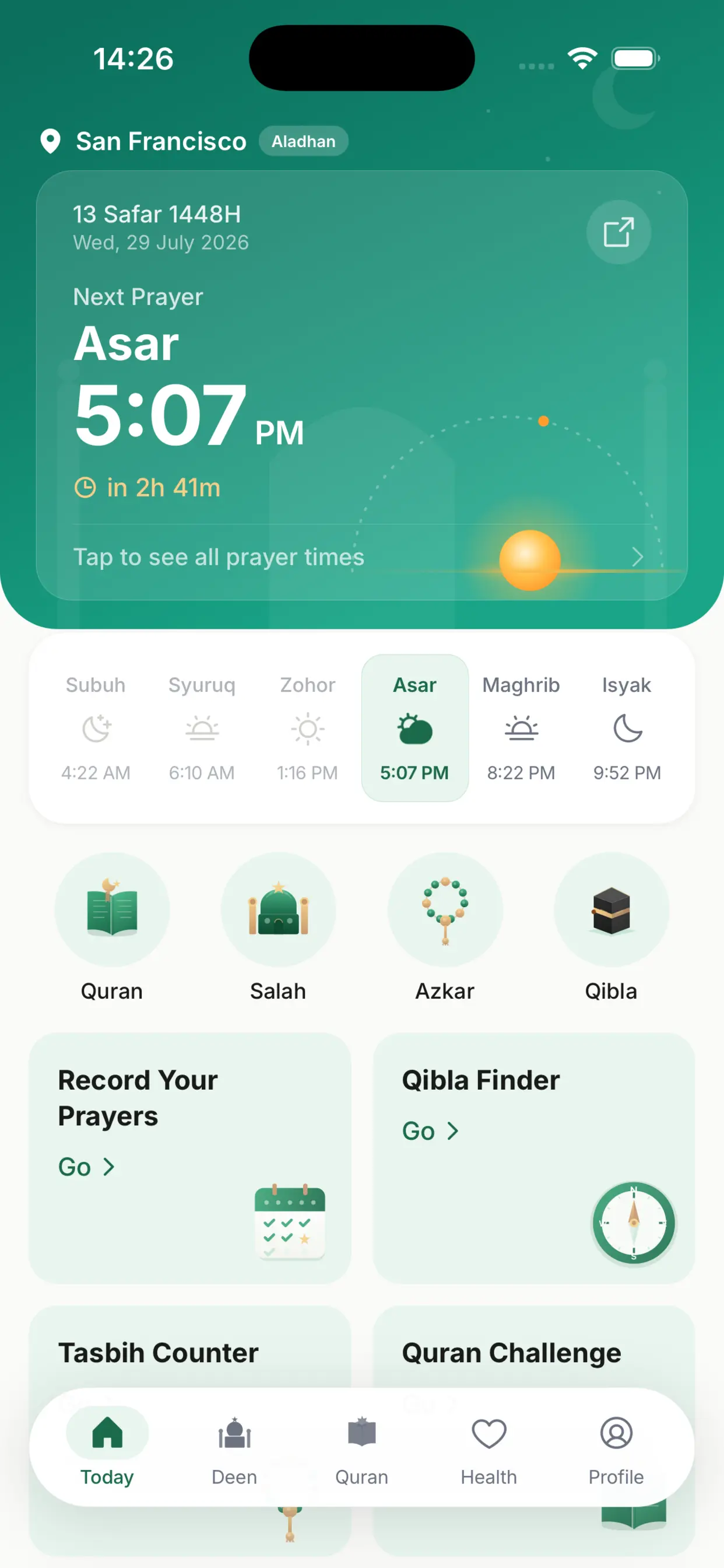 The Success Muslim Today screen: next prayer Asar at 5:07 PM in San Francisco, the full day's prayer times, and shortcuts for Quran, Salah, Azkar and Qibla.