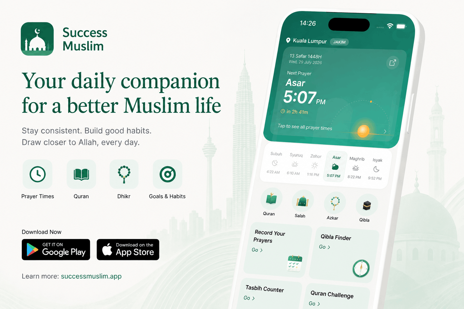 Success Muslim — your daily companion for a better Muslim life, shown on the app's Today screen.